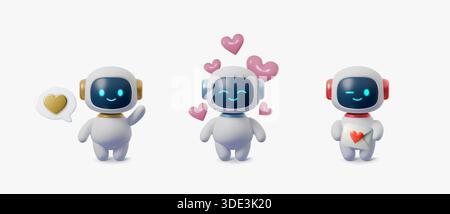 Simpatico set di personaggi robot 3D con icone cardiache ed espressioni d'amore. Mascotte chatbot AI per San Valentino, app tecnologiche e assistente digitale Illustrazione Vettoriale