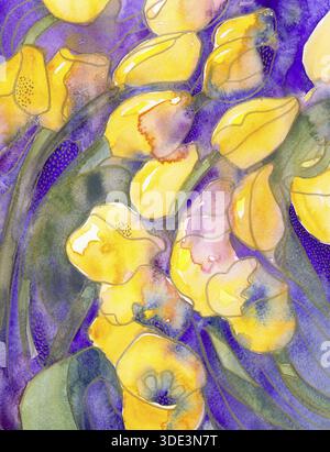 Tulipani gialli su viola con puntini dorati texture astratta pittura ad acquerello Foto Stock
