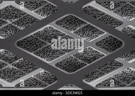 motivo moderno astratto caratterizzato da un design ripetuto di quadrati metallizzati a forma di diamante. Ogni quadrato ha un complesso motivo nero Foto Stock