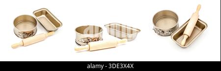 Forme da forno per torte con matrici in legno su sfondo bianco Foto Stock