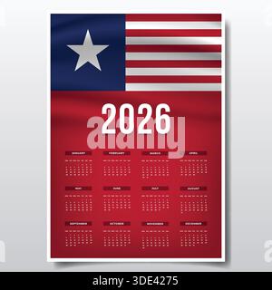2026 Design del calendario stampabile con tema bandiera LIBERIA, modello pianificatore annuale Patriottico LIBERIA Illustrazione Vettoriale