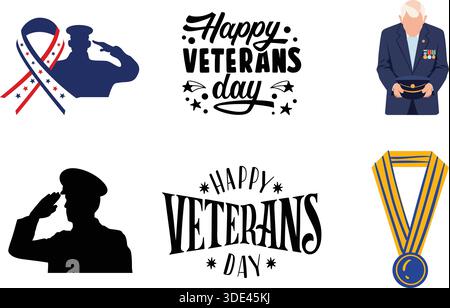 Una collezione di icone del servizio militare patriottico con una silhouette salutista, un veterano con un cappello, nastri commemorativi e una medaglia di premio. Illustrazione Vettoriale