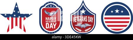 Una collezione di quattro emblemi patriottici con stelle, strisce, aquile e testo che celebrano la giornata dei veterani e onorano i membri del servizio Illustrazione Vettoriale