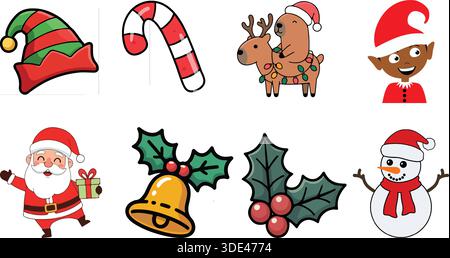 Icone natalizie con Babbo Natale, renne, pupazzo di neve e decorazioni Illustrazione Vettoriale
