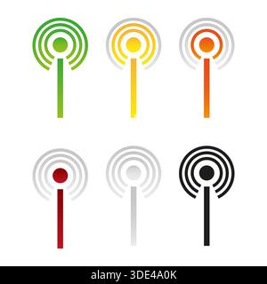 Antenna wireless professionale. Vettore del segnale radio. Trasmettitore di connessione di rete. Set di stazioni di telecomunicazione. EPS 10. Illustrazione Vettoriale