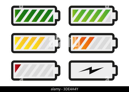 Indicatore del livello di carica della batteria professionale. Vettore stato alimentazione mobile. Simbolo di carica di energia elettrica. Capacità accumulatore impostata. EPS 10. Illustrazione Vettoriale