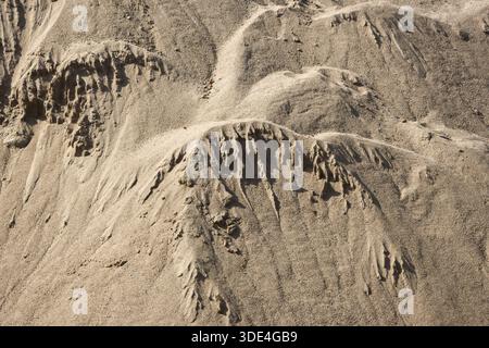 Vista aerea della consistenza bruna del crinale montano con modelli di erosione asciutti su una superficie arida di sabbia collinare caratterizzata da aspre geologia desertica e paesaggio naturale Foto Stock
