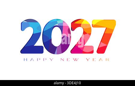 Buon anno 2027 design di biglietti d'auguri in stile tagliato in carta 3D. Sfondo bianco e numero creativo 2 0 2 7 con texture colorate e ritaglio vettoriale Illustrazione Vettoriale
