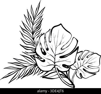 Illustrazione a linee vettoriali di foglie tropicali con fogliame di palma e monstera, isolata su sfondo bianco, grafica botanica pulita ideale per loghi, stampe, imballaggi, poster e progetti di design moderno Illustrazione Vettoriale
