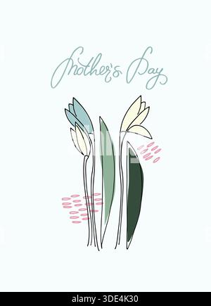 Buon giorno della mamma. Fiori astratti multicolore, forma a cuore, lettere a mano Illustrazione Vettoriale
