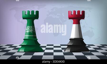 Due torri in piedi che rappresentano lo Yemen contro l'Arabia Saudita con bandiere sui corpi e Mappa del mondo in background Illustrazione Vettoriale