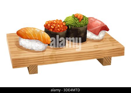 Illustrazione ad acquerello realistica di qualità superiore del sushi su un geta di legno, comprendente nigiri di salmone, uova di salmone o ikura, gunkan, insalata di alghe, Foto Stock