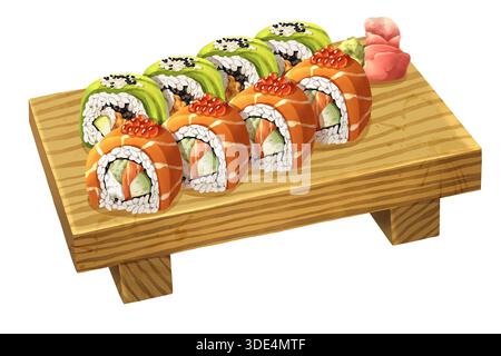 Illustrazione ad acquerello realistica di qualità superiore di sushi roll o uramaki ricoperti di salmone, avocado e uova di salmone o ikura su un sushi di legno Foto Stock
