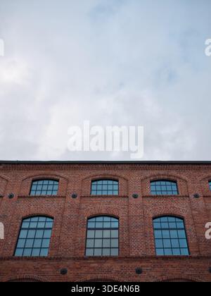 Facciata in mattoni con finestre ad arco e cielo nuvoloso, ampio spazio per testo, sfondo architettonico industriale per design e concetti immobiliari. Foto Stock