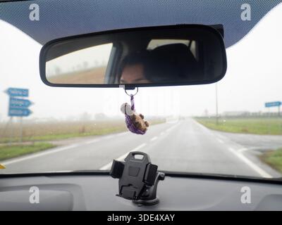 Guardando in avanti dal sedile del passeggero, sono visibili il supporto del cruscotto e un piccolo orso a forma di uncinetto, con una strada che si allunga davanti Foto Stock