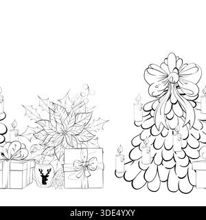 Disposizione di regali e candele con sfondo senza cuciture e bordi decorativi in stile festivo per le feste Illustrazione Vettoriale