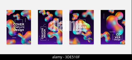 sfondo liquido 3d. Bolla cromata a gradiente astratto, forme metalliche fluide o bolle di colore iridescente. Blob olografico. Design minimalista per le aziende. Figure isolate vettoriali su sfondo nero Illustrazione Vettoriale