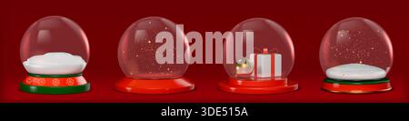 set palle da neve 3d. Globo di vetro per Capodanno, allegri decorazioni natalizie. Felice cristallo invernale di natale, sfera trasparente, stelle dorate scintillanti Illustrazione Vettoriale