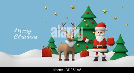 sfondo invernale 3d. Babbo Natale e graziosi cervi. Regalo di neve, simpatico personaggio divertente per il poster della festa della stagione, invito al fiocco di neve con abeti. Design vettoriale isolato di cartoni animati con rendering natalizio Illustrazione Vettoriale