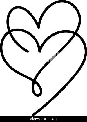 Disegno con linee nere con due cuori vettoriali sovrapposti. Simboleggiando la connessione, la collaborazione e l'affetto Illustrazione Vettoriale