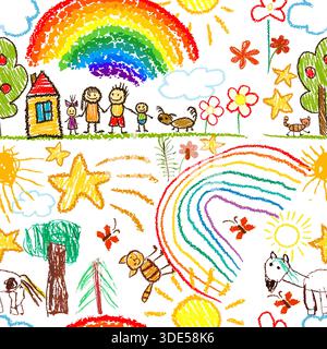 Carino modello di doodle per bambini. Sfondo senza interruzioni con disegni per bambini. Disegnato a mano. Non ai, illustrazione vettoriale. Illustrazione Vettoriale