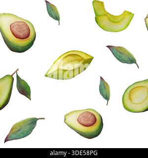 Motivo ad acquerello senza cuciture dipinto a mano con metà avocado, fette e foglie verdi su sfondo bianco. Perfetto per imballaggi, tessuti, carta da parati, Foto Stock