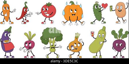 Caratteri vegetali. Verdure diverse con emozioni. Broccoli isolati con cipolla, pomodoro, zucca, pepe. Cibo fresco di fattoria neoterico Illustrazione Vettoriale