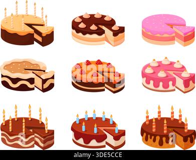 Icone delle torte di compleanno. Torta vibrante con candele, che celebra gli elementi alimentari. Deliziosi dessert dolci con panna, frutta, cioccolato e frutti di bosco, sapid Vector Illustrazione Vettoriale