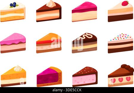Pezzi di torta. Icone delle torte di cartoni animati, dessert dolce isolato. Vari dessert con bacche, panna, mousse, cioccolata. Panetteria, caffetteria, ristorante, sapid Illustrazione Vettoriale