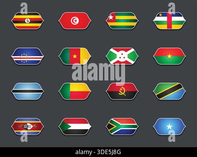 Set di vari flag sagomati isolati su sfondo scuro Illustrazione Vettoriale