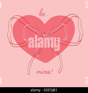 Set di elementi vintage Doodle disegnati a mano in coquette. Nastri, archi carini e cuore. Cartolina Illustrazione Vettoriale