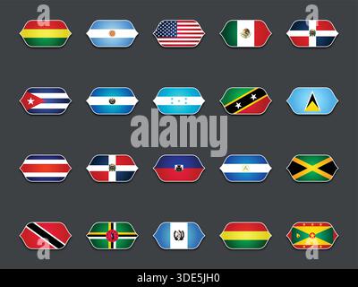 Set di vari flag sagomati isolati su sfondo scuro Illustrazione Vettoriale