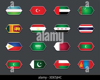 Set di vari flag sagomati isolati su sfondo scuro Illustrazione Vettoriale