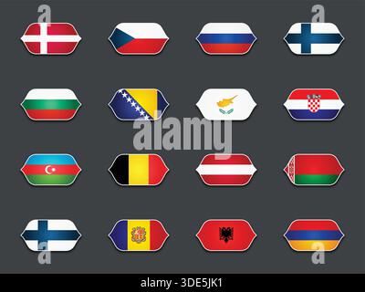 Set di vari flag sagomati isolati su sfondo scuro Illustrazione Vettoriale