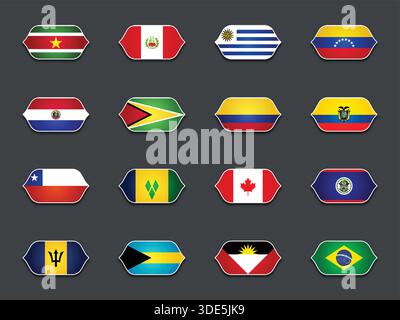 Set di vari flag sagomati isolati su sfondo scuro Illustrazione Vettoriale