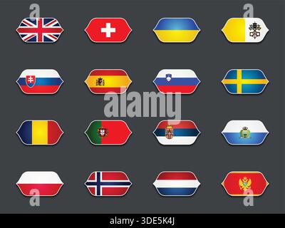 Set di vari flag sagomati isolati su sfondo scuro Illustrazione Vettoriale