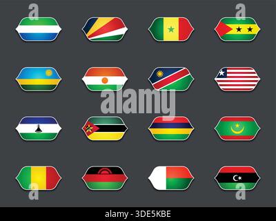 Set di vari flag sagomati isolati su sfondo scuro Illustrazione Vettoriale