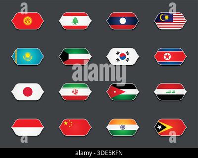 Set di vari flag sagomati isolati su sfondo scuro Illustrazione Vettoriale