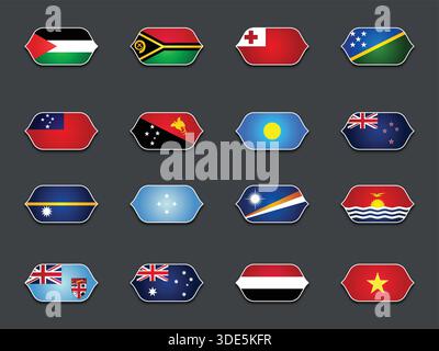 Set di vari flag sagomati isolati su sfondo scuro Illustrazione Vettoriale