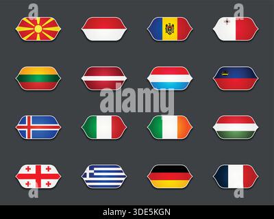 Set di vari flag sagomati isolati su sfondo scuro Illustrazione Vettoriale