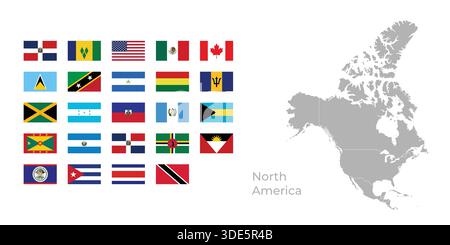 Mappa vettoriale del Nord America con i confini regionali e tutte le bandiere africane Illustrazione Vettoriale