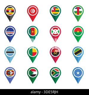Set di vari flag con icone di posizione Illustrazione Vettoriale