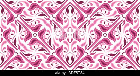Ornamento caleidoscopio complesso. Pattern senza cuciture di linee e forme curve. Decorazioni con piastrelle a mosaico in stile folk e colori rosso-rosa. Illustrazione Vettoriale