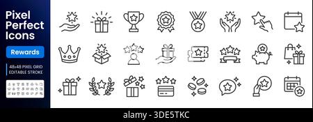 Set di icone della linea fedeltà e dei premi. Regalo, badge VIP, trofeo, carta fedeltà, riscatta illustrazioni vettoriali minime. Semplici indicazioni per il bonus Illustrazione Vettoriale