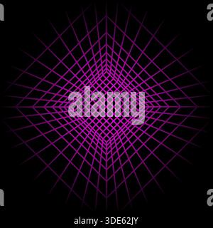 Portale quadrato con reticolo al neon rosa in prospettiva su sfondo nero. Struttura a griglia di sala, tunnel o studio. Metaversa futuristica, spazio vr Illustrazione Vettoriale