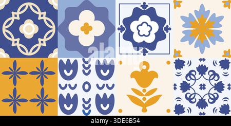 Motivo in ceramica mediterranea in stile amalfitano con decorazioni geometriche floreali Illustrazione Vettoriale