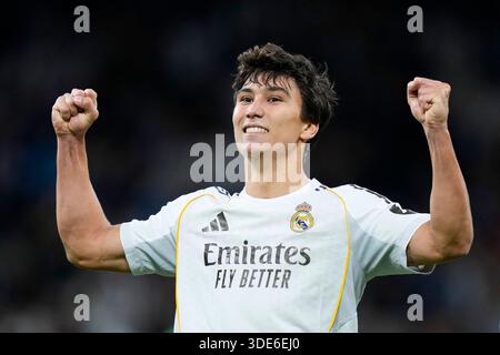 Madrid, Spagna. 5 gennaio 2026. Gonzalo Garcia del Real Madrid CF durante la partita della Liga EA Sports tra il Real Madrid CF e il Real Betis giocata allo stadio Santiago Bernabeu il 4 gennaio 2026 a Madrid. (Foto di Cesar Cebolla/PRESSIN) credito: PRESSINPHOTO SPORTS AGENCY/Alamy Live News Foto Stock