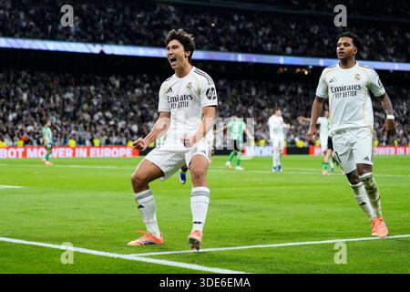 Madrid, Spagna. 5 gennaio 2026. Gonzalo Garcia del Real Madrid CF durante la partita della Liga EA Sports tra il Real Madrid CF e il Real Betis giocata allo stadio Santiago Bernabeu il 4 gennaio 2026 a Madrid. (Foto di Cesar Cebolla/PRESSIN) credito: PRESSINPHOTO SPORTS AGENCY/Alamy Live News Foto Stock