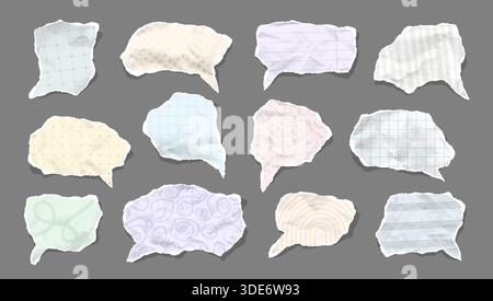 Set di bolle vocali in carta strappata con bordi ruvidi tagliati a mano, texture increspate con motivo pastello morbido. Elementi originali creativi irregolari degli Scrapbook strappati per note messaggi preventivi. Illustrazione vettoriale Illustrazione Vettoriale