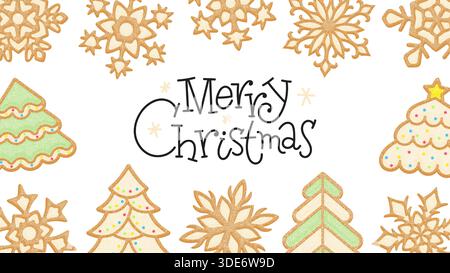 Biglietto di auguri di buon Natale con scritte disegnate a mano, biscotti al pan di zenzero in fiocchi di neve e alberi di Natale. Decorazioni natalizie su White BG. Banner natalizio. Illustrazione vettoriale Illustrazione Vettoriale
